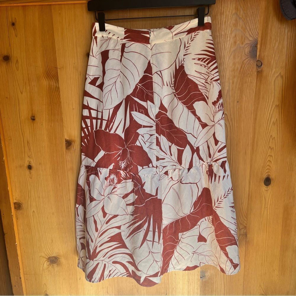 Madewell Rust & White Tropical Print Ruffle Linen Blend Midi Skirt - Picture 8 of 11